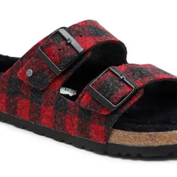 BIRKENSTOCK Arizona Rivet Shearling Wool Felt plaid red sandal. Size: 7, 38 - Picture 7 of 13